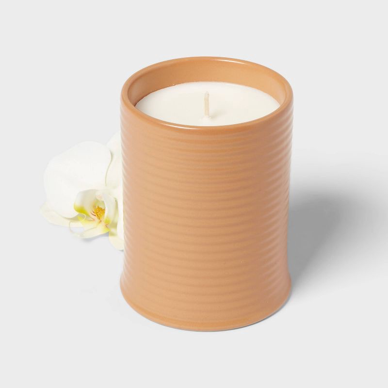 slide 3 of 4, 14oz Ceramic Ribbed Jar Candle Coconut White Woods - Threshold™, 14 oz