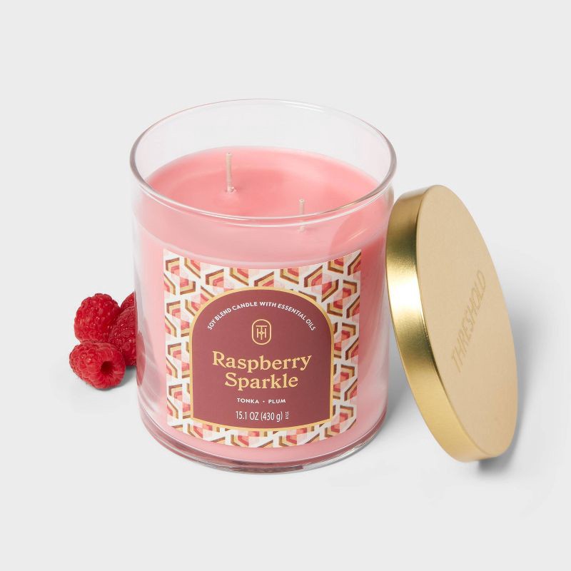 slide 3 of 3, 2-Wick Glass Jar Candle with Lid Raspberry Sparkle 15.1oz - Threshold™, 15.1 oz