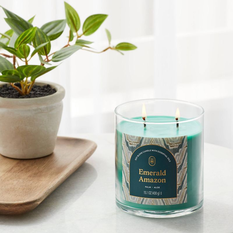 slide 2 of 3, 2-Wick Glass Jar Candle with Lid Emerald Amazon 15.1oz - Threshold™, 15.1 oz