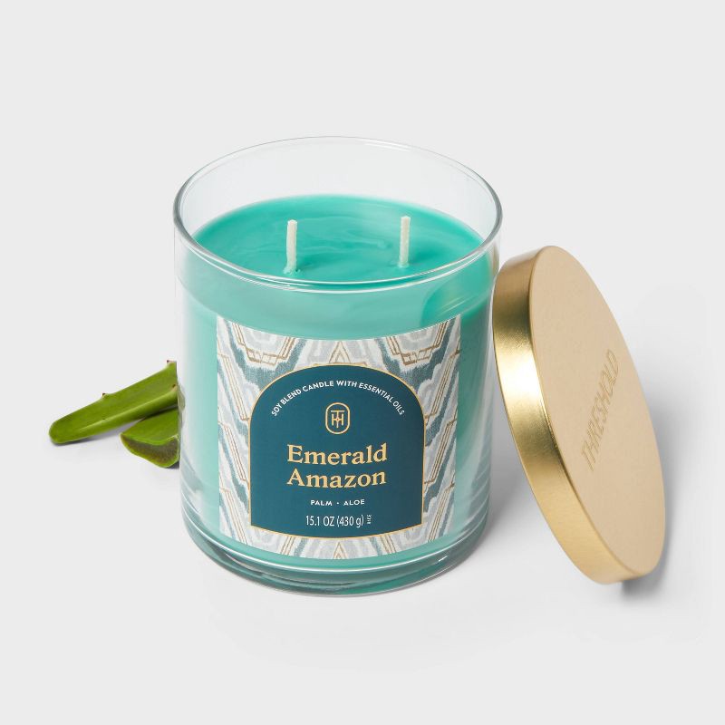 slide 3 of 3, 2-Wick Glass Jar Candle with Lid Emerald Amazon 15.1oz - Threshold™, 15.1 oz