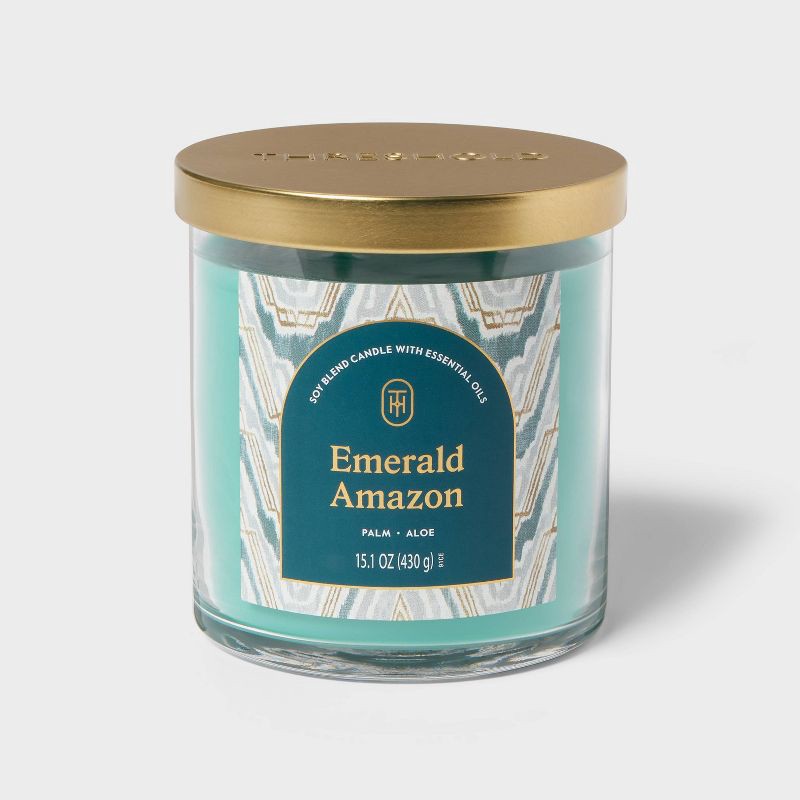 slide 1 of 3, 2-Wick Glass Jar Candle with Lid Emerald Amazon 15.1oz - Threshold™, 15.1 oz
