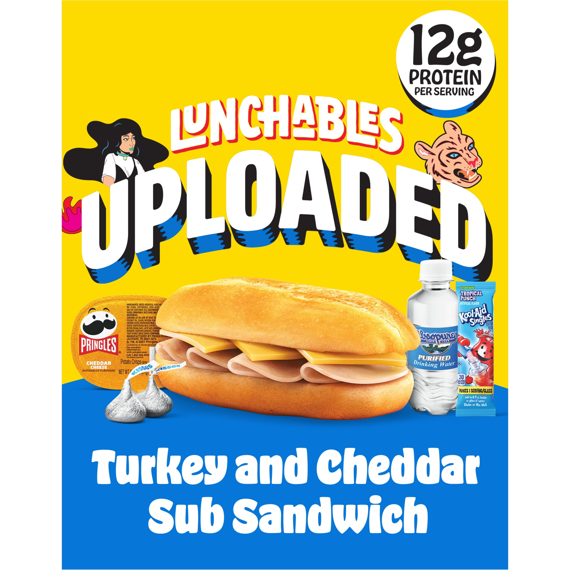 slide 1 of 1, Lunchables Uploaded Turkey and Cheddar Sub Sandwich with Cheddar Pringles, Hershey's Milk Chocolate Kisses, Water and Kool-Aid Powdered Drink Mix, 15 oz Box, 