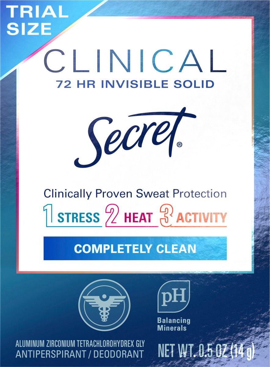 slide 2 of 3, Secret Clinical Strength Invisible Solid Antiperspirant and Deodorant for Women, Completely Clean, .5 oz, 0.5 oz