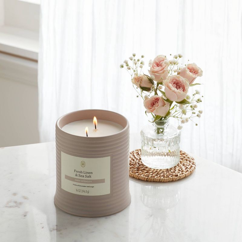 slide 2 of 3, 2-Wick High Intensity Ceramic Jar Candle with Lid Fresh Linen and Sea Salt 14oz - Threshold™, 14 oz