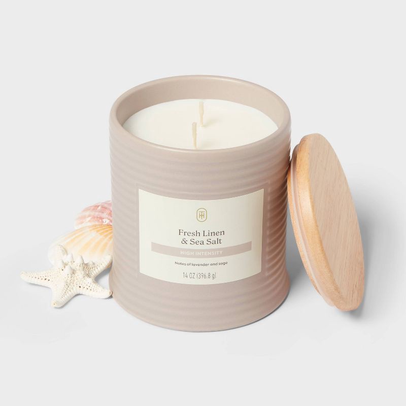 slide 3 of 3, 2-Wick High Intensity Ceramic Jar Candle with Lid Fresh Linen and Sea Salt 14oz - Threshold™, 14 oz