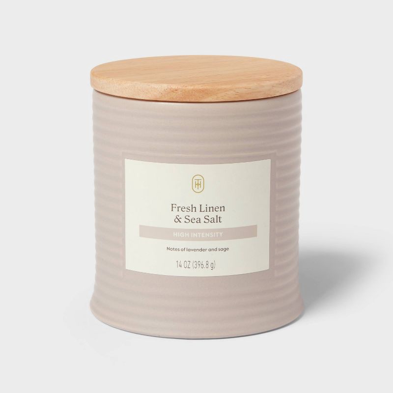 slide 1 of 3, 2-Wick High Intensity Ceramic Jar Candle with Lid Fresh Linen and Sea Salt 14oz - Threshold™, 14 oz