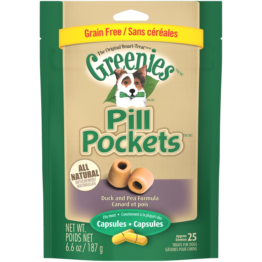 slide 1 of 1, Greenies Allergy Formula Roasted Duck & Pea Pill Pockets Capsule Dog Treats, 6.6 oz