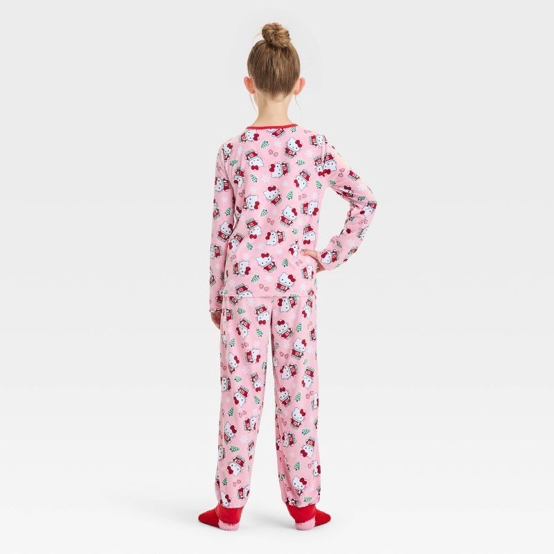 slide 2 of 5, Girls' Hello Kitty Christmas 2pc Cozy Pajama Set and Socks - Pink S, 2 ct