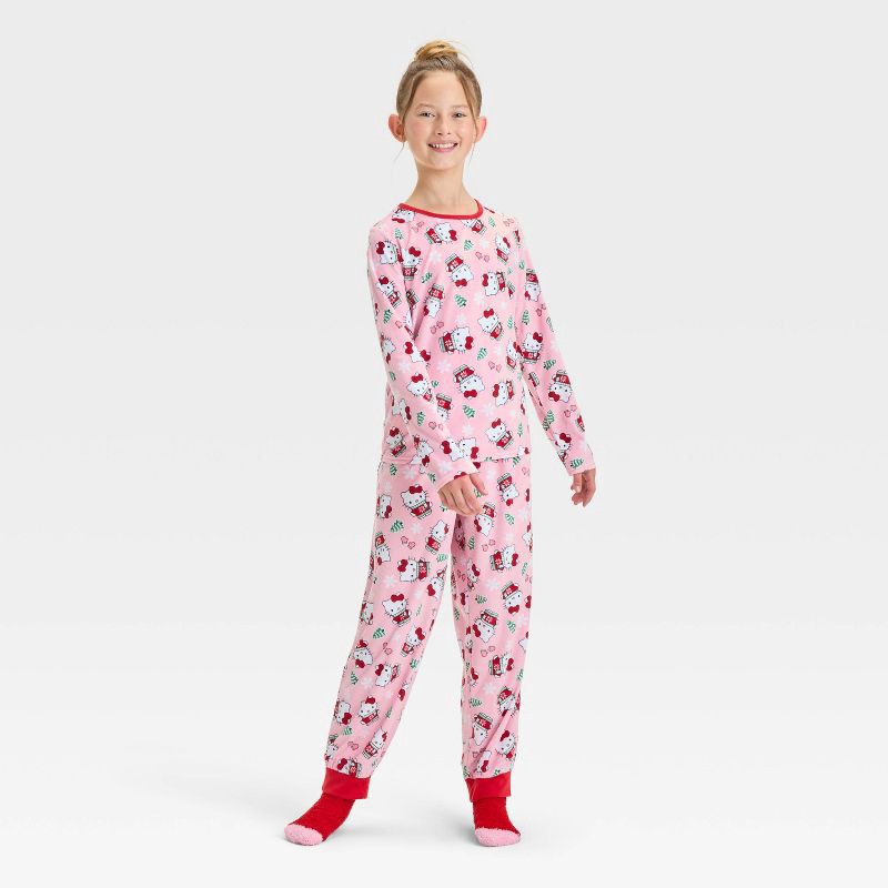 slide 1 of 5, Girls' Hello Kitty Christmas 2pc Cozy Pajama Set and Socks - Pink S, 2 ct