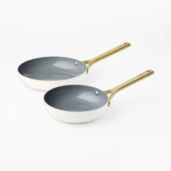 2pk Nonstick Ceramic Coated Aluminum Frying Pan Set with Champagne Handles Cream - Figmint™