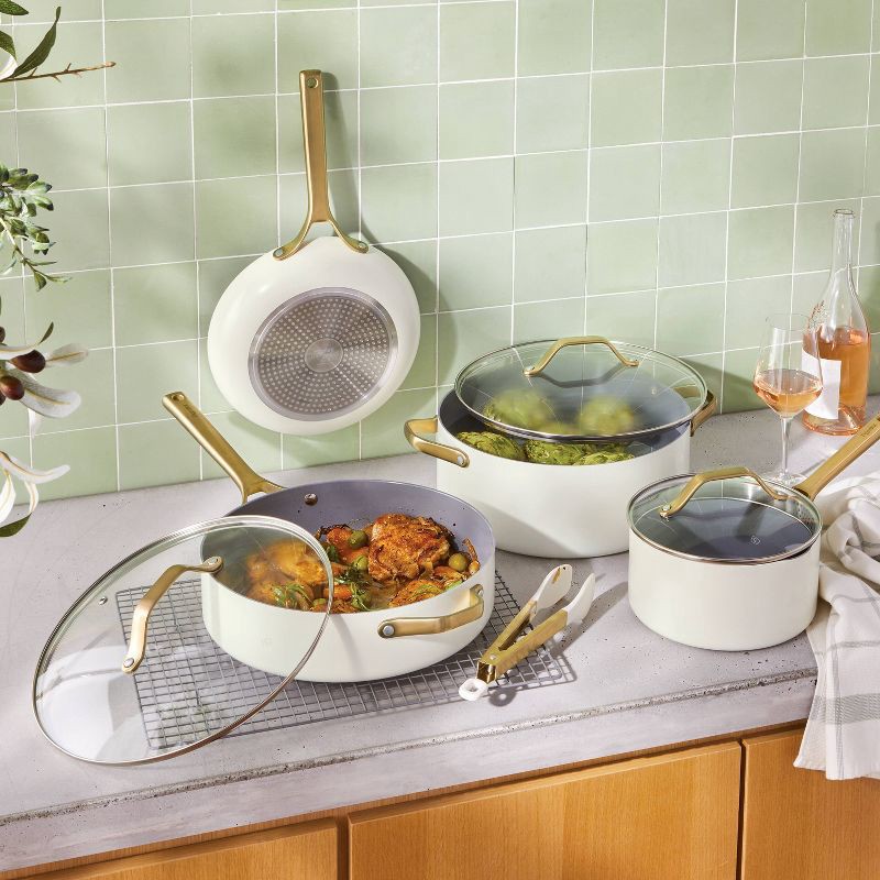 slide 2 of 10, 7pc Nonstick Ceramic Coated Aluminum Cookware Set with Champagne Handles Cream - Figmint™, 7 ct