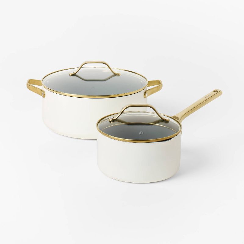 slide 4 of 10, 7pc Nonstick Ceramic Coated Aluminum Cookware Set with Champagne Handles Cream - Figmint™, 7 ct