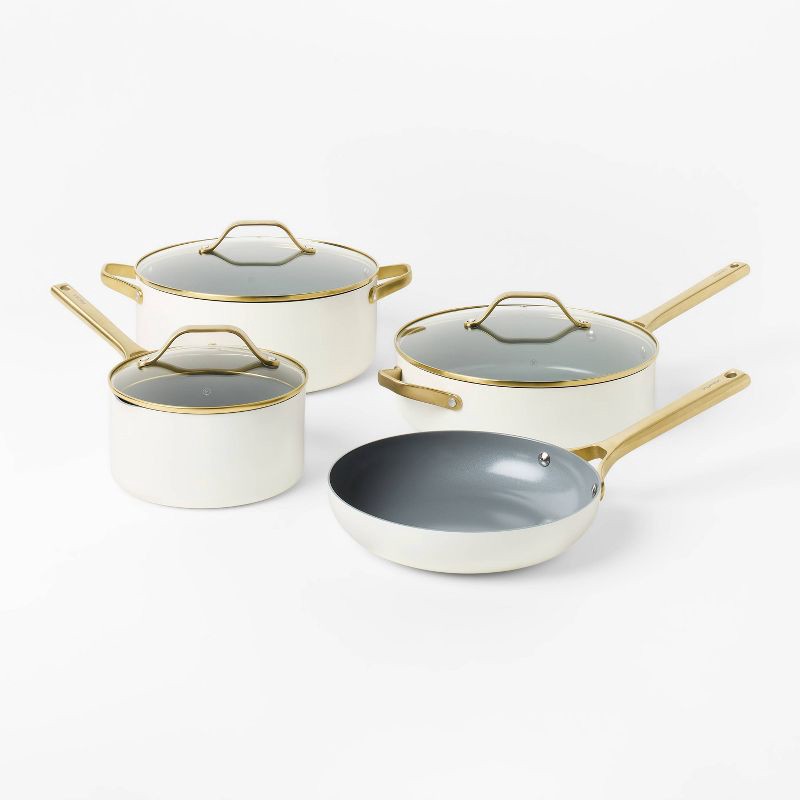 slide 1 of 10, 7pc Nonstick Ceramic Coated Aluminum Cookware Set with Champagne Handles Cream - Figmint™, 7 ct