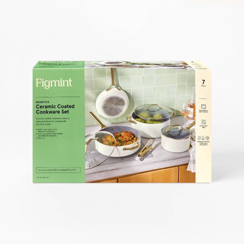 slide 8 of 10, 7pc Nonstick Ceramic Coated Aluminum Cookware Set with Champagne Handles Cream - Figmint™, 7 ct