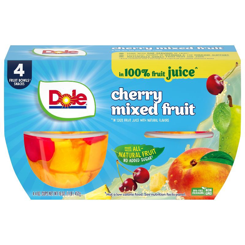 slide 1 of 6, Dole Cherry Mixed Fruits in Juice Fruit Cups - 16oz/4ct, 4 ct; 16 oz