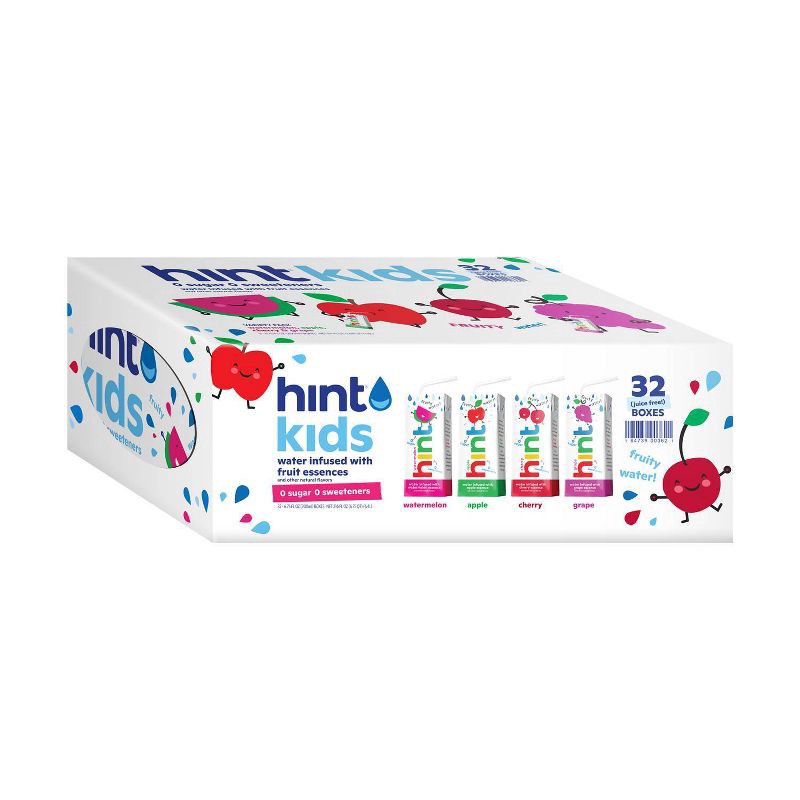 slide 2 of 5, hint Kids' Variety Pack Flavored Water (Watermelon, Grape, Apple, Cherry) - 32pk/6.75 fl oz Boxes, 32 ct, 6.75 fl oz