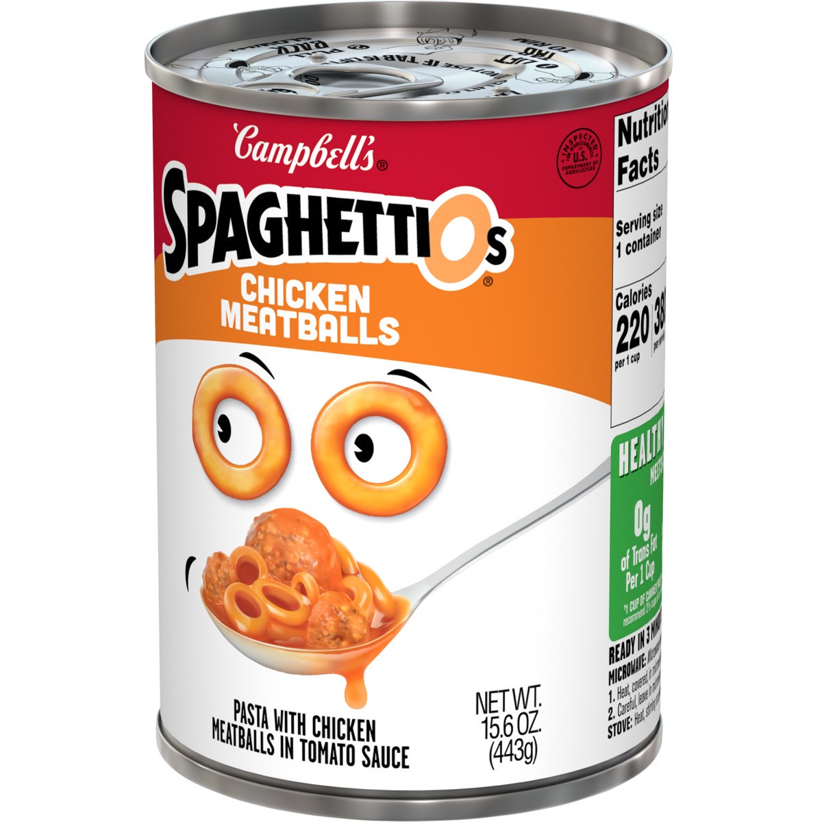 slide 3 of 11, Campbell's SpaghettiOs Canned Pasta with Chicken Meatballs, 15.6 oz Can, 15.600 oz