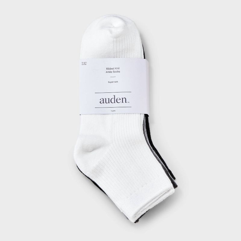 slide 2 of 3, Women's Ultra Soft Everyday Rib-Knit 4pk Ankle Socks - Auden™ White/Heather Gray/Black 4-10: Midweight, Rib Cuffs, Machine Washable, 4 ct