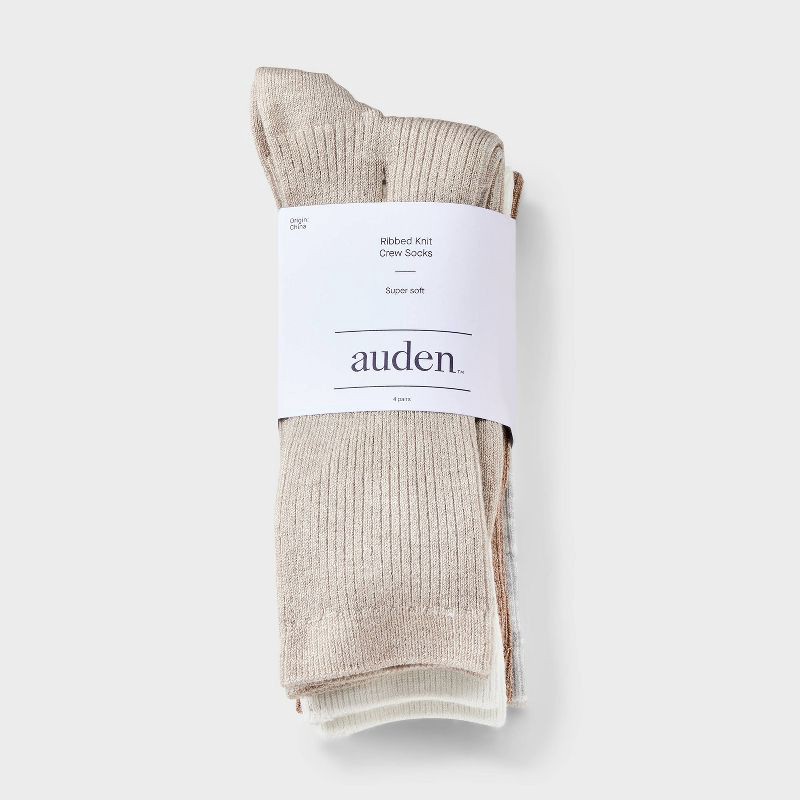 slide 2 of 3, Women's Ultra Soft Everyday Rib-Knit 4pk Crew Socks - Auden™ Tan/Ivory/Heather Gray 4-10: Midweight Knit, Rib Cuffs, Machine Washable, 4 ct