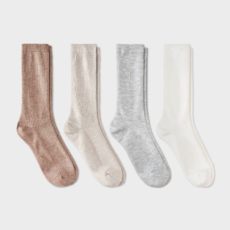 slide 1 of 3, Women's Ultra Soft Everyday Rib-Knit 4pk Crew Socks - Auden™ Tan/Ivory/Heather Gray 4-10: Midweight Knit, Rib Cuffs, Machine Washable, 4 ct