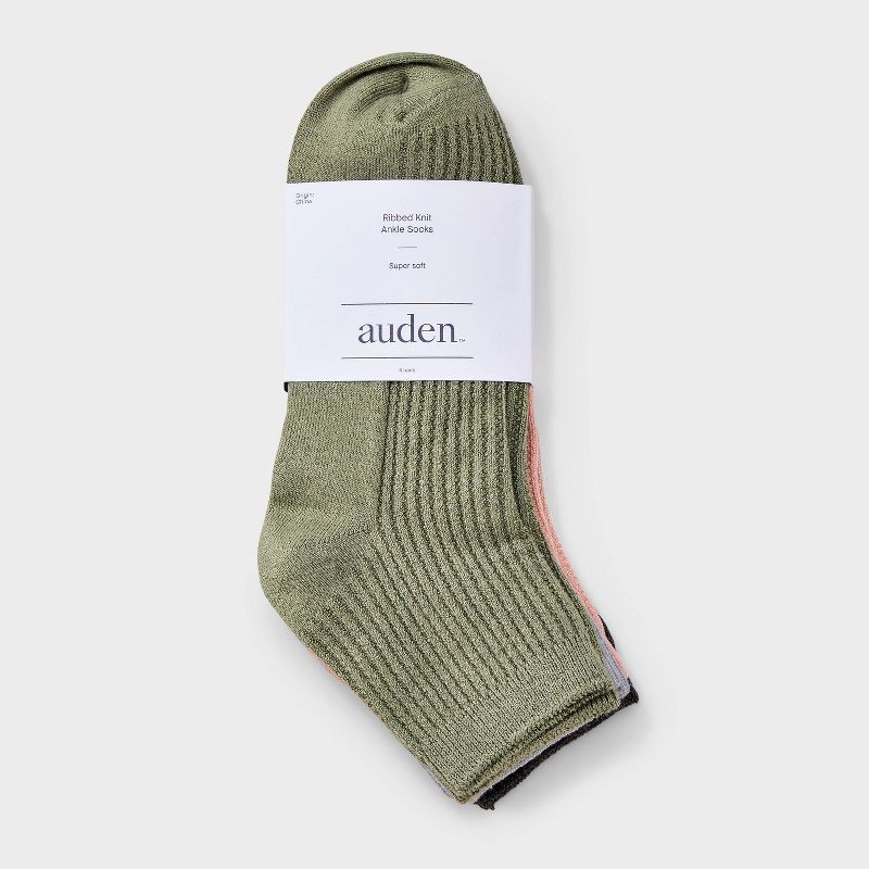 slide 2 of 3, Women's Ultra Soft Everyday Rib-Knit 4pk Ankle Socks - Auden™ Green/Heather Gray/Pink 4-10: Midweight, Rib Cuffs, 4 ct