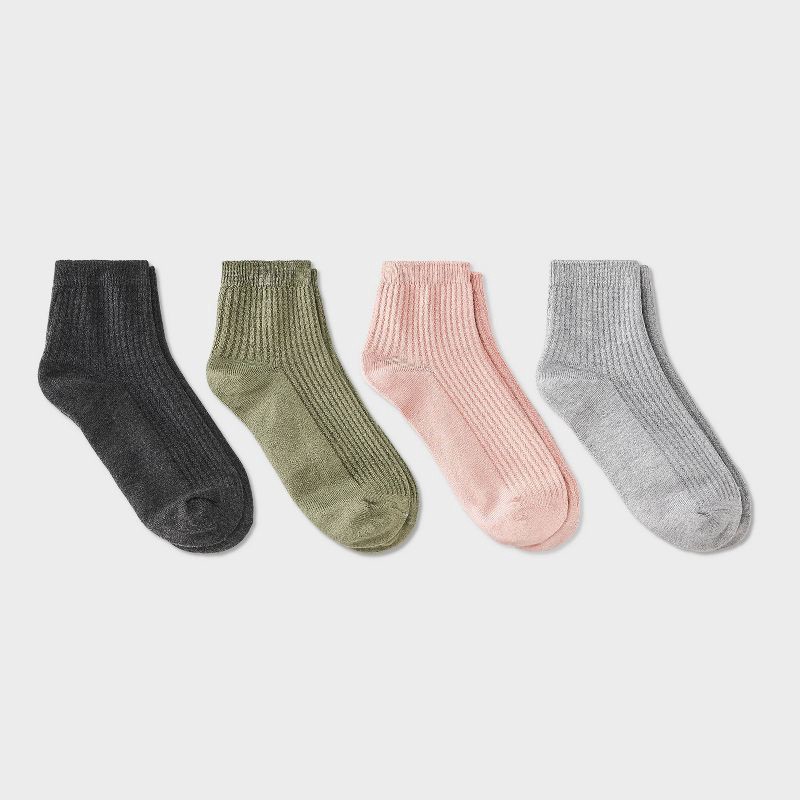 slide 1 of 3, Women's Ultra Soft Everyday Rib-Knit 4pk Ankle Socks - Auden™ Green/Heather Gray/Pink 4-10: Midweight, Rib Cuffs, 4 ct