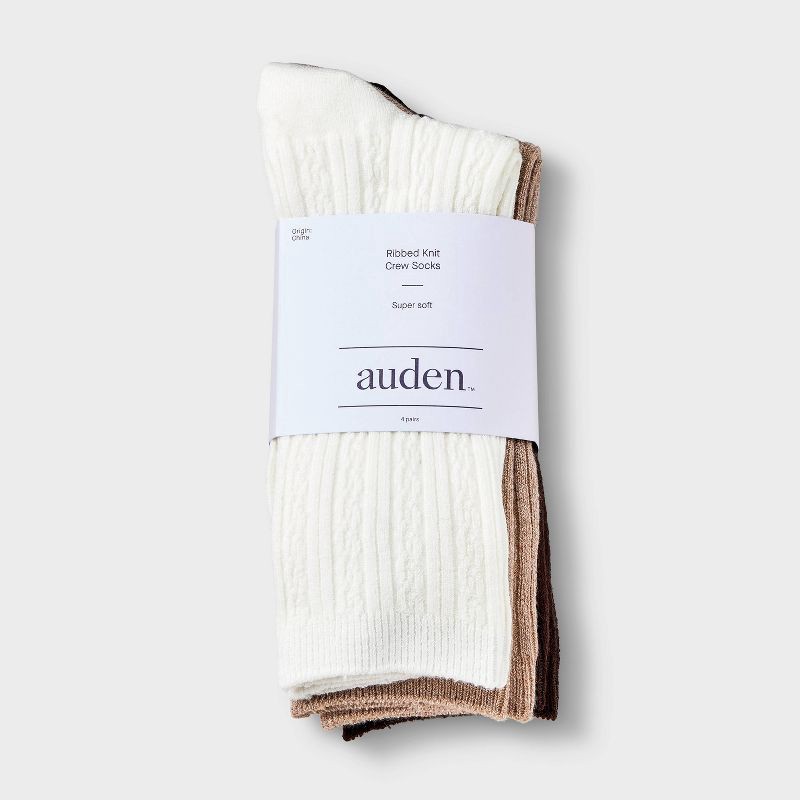 slide 2 of 3, Women's Ultra Soft Everyday Cable 4pk Crew Socks - Auden™ Ivory/Brown/Black 4-10: Midweight Knit, Rib Cuffs, Machine Washable, 4 ct