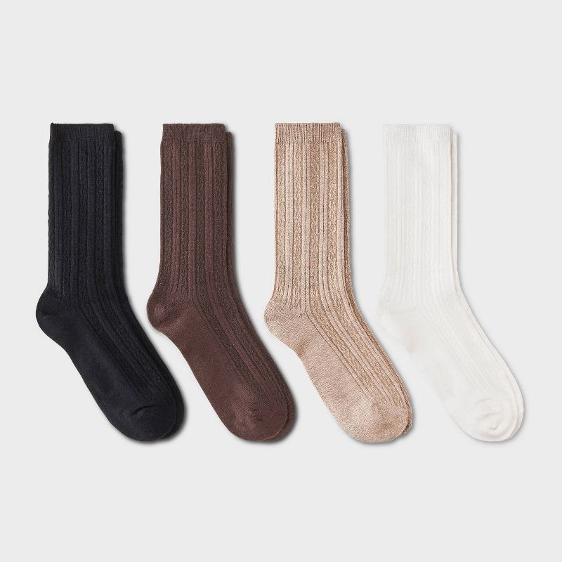 slide 1 of 3, Women's Ultra Soft Everyday Cable 4pk Crew Socks - Auden™ Ivory/Brown/Black 4-10: Midweight Knit, Rib Cuffs, Machine Washable, 4 ct
