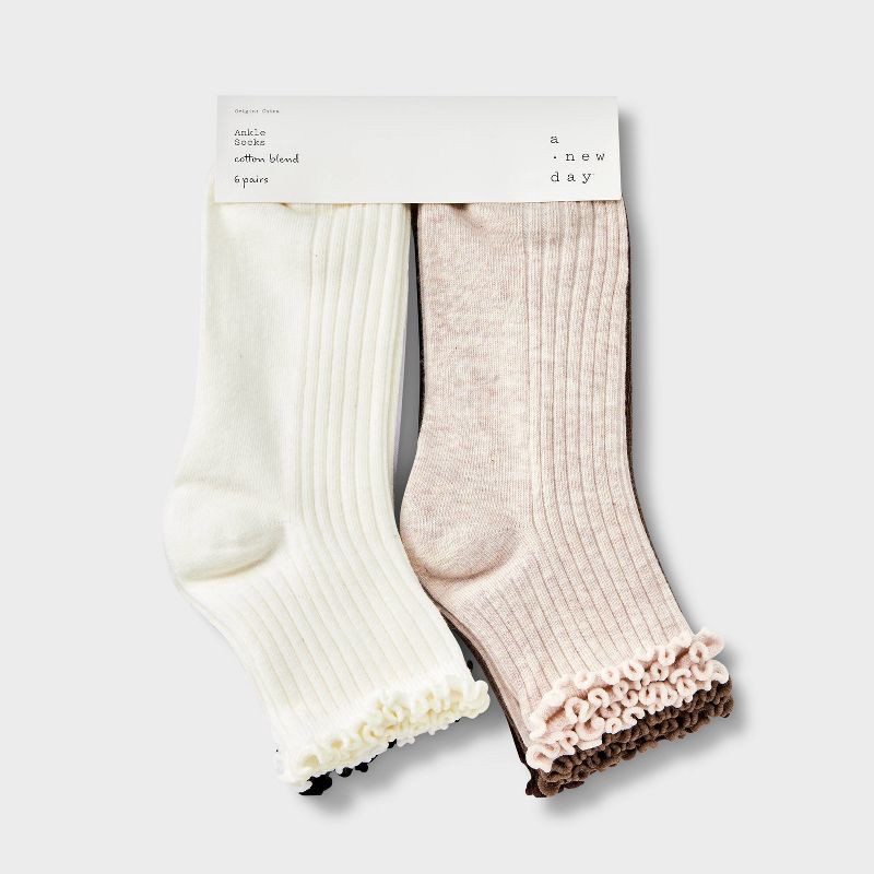 slide 2 of 3, Women's Lettuce Edge 6pk Ankle Socks - A New Day™ Ivory/Tan/Black 4-10: Ruffle Trim, Tagless, Flat Seams, Lightweight Knit, 6 ct