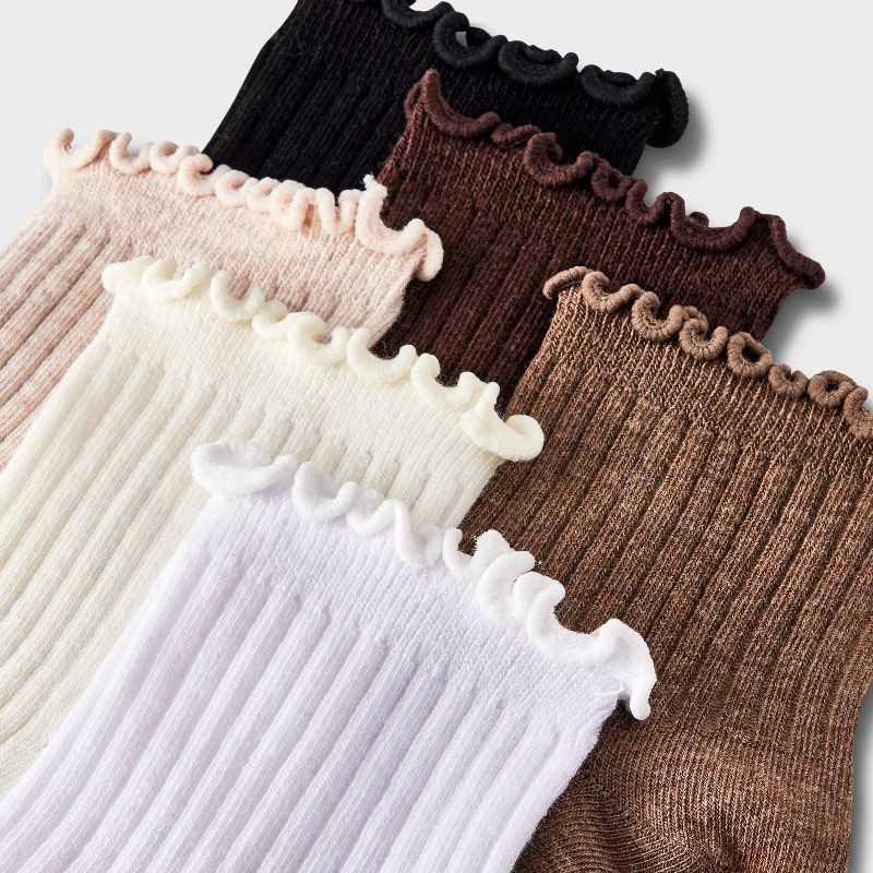 slide 3 of 3, Women's Lettuce Edge 6pk Ankle Socks - A New Day™ Ivory/Tan/Black 4-10: Ruffle Trim, Tagless, Flat Seams, Lightweight Knit, 6 ct