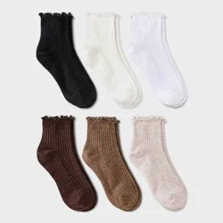 Women's Lettuce Edge 6pk Ankle Socks - A New Day™ Ivory/Tan/Black 4-10: Ruffle Trim, Tagless, Flat Seams, Lightweight Knit