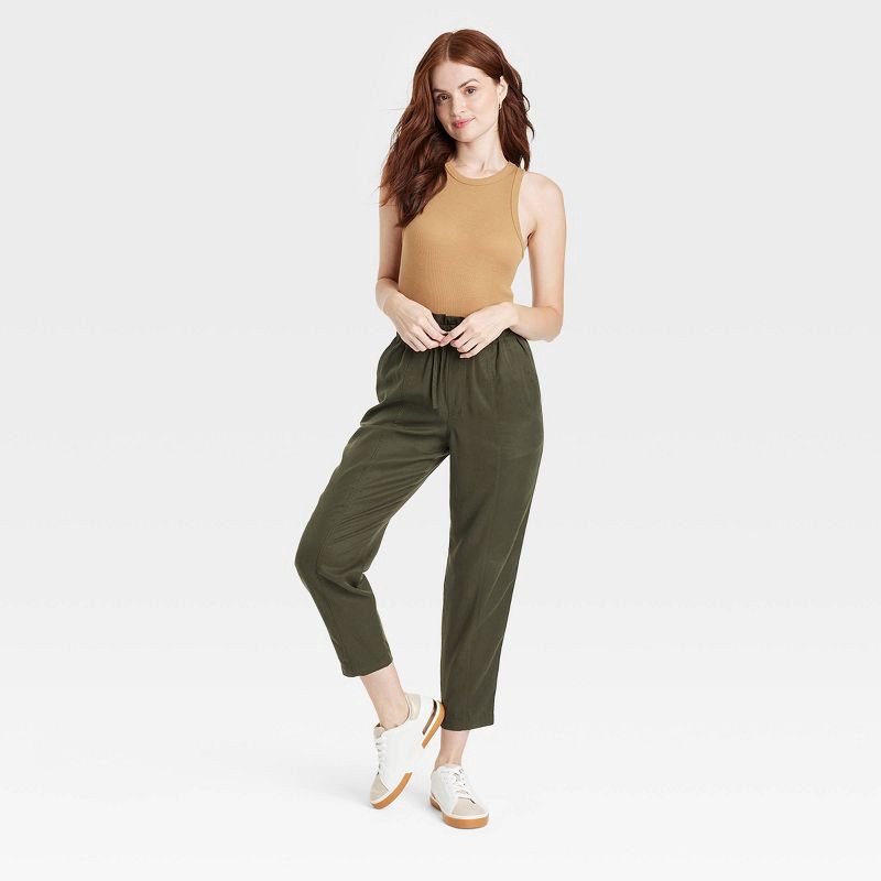 slide 3 of 3, Women's High-Rise Tapered Ankle Pull-On Joggers - A New Day™ Olive S: Lightweight Twill, Elastic Waistband, 1 ct