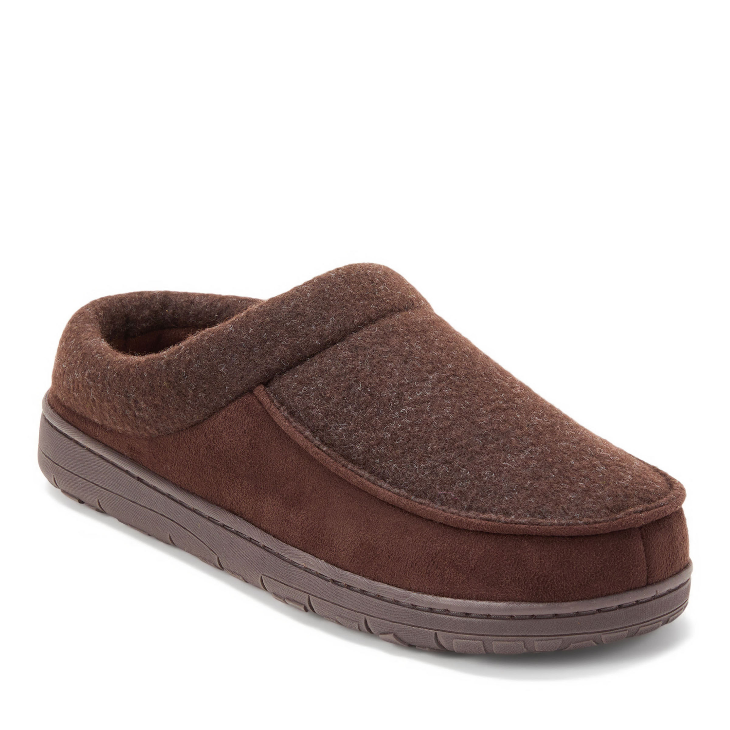 slide 1 of 6, Dearfoams Men's Canyon Felted and Microsuede Moc Toe Clog Slippers, Coffee, Size XL, XL
