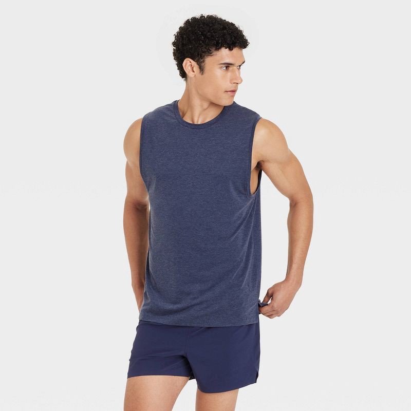 slide 1 of 3, Men's Sleeveless Performance T-Shirt - All In Motion™ Navy Blue M: Recycled Polyester, Moisture Wicking, Quick Drying, 1 ct