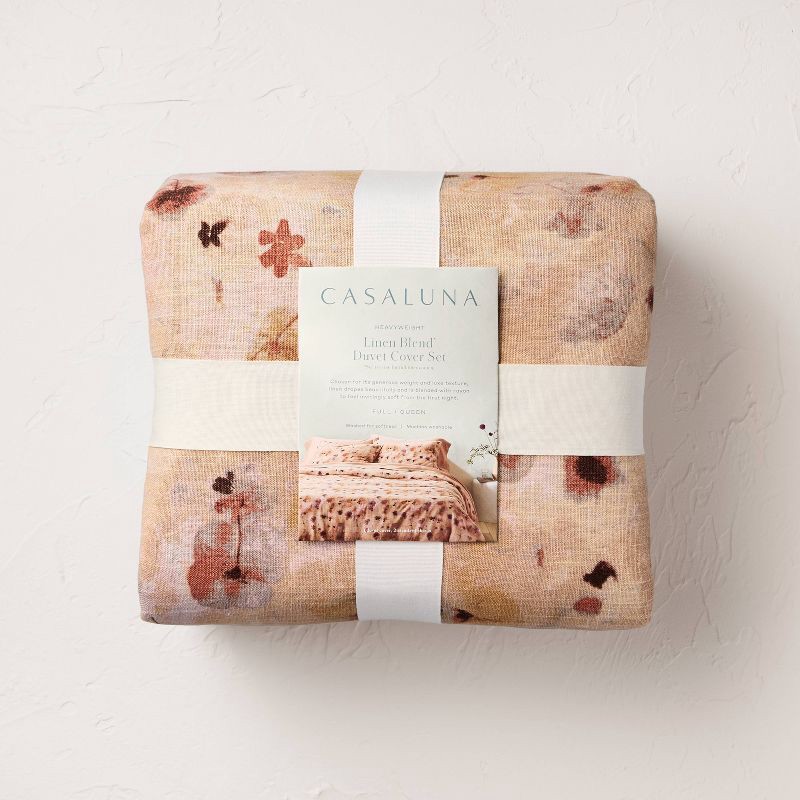 slide 6 of 7, Full/Queen Heavyweight Linen Blend Duvet Cover and Sham Set Pressed Floral Print - Casaluna™, 1 ct