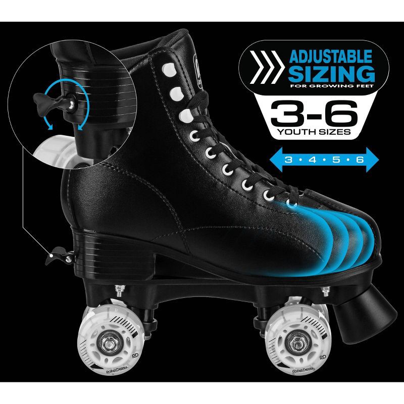 slide 6 of 6, Roller Derby Youth Adjustable Roller Skates - Black 3-6: Lace-Up, Padded Boot Shaft, 1 ct