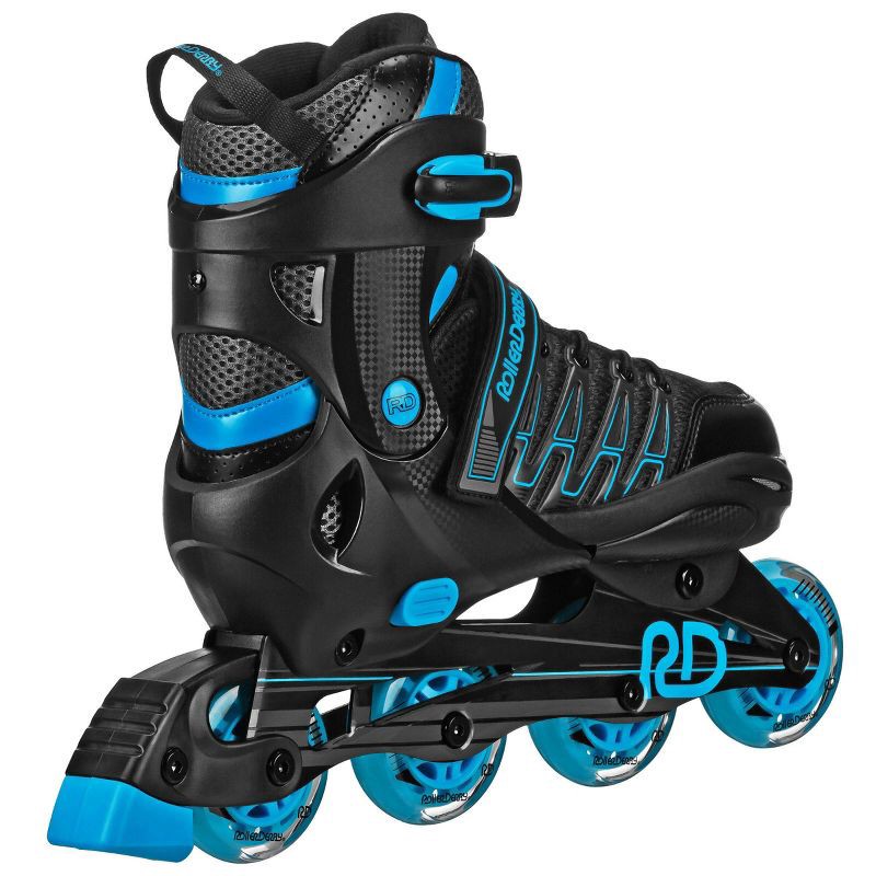slide 2 of 6, Roller Derby Custom Adult In-Fit Skates - Blue/Black 9-12: Adjustable, Padded Boot Shaft, 1 ct