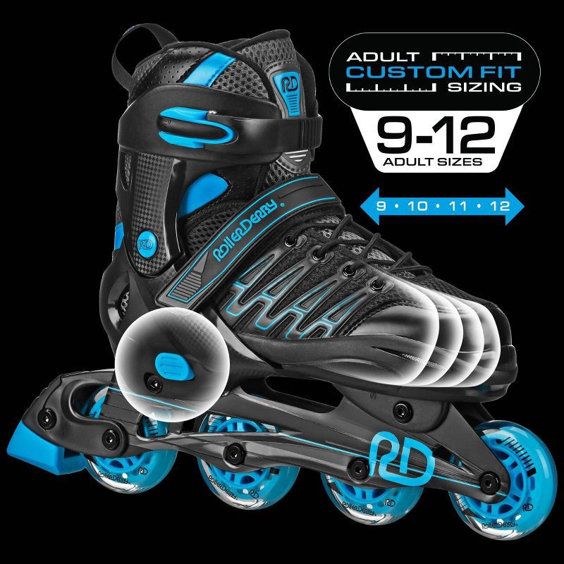 slide 6 of 6, Roller Derby Custom Adult In-Fit Skates - Blue/Black 9-12: Adjustable, Padded Boot Shaft, 1 ct