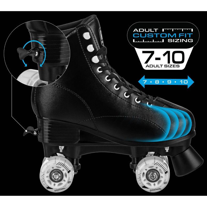 slide 6 of 6, Roller Derby Youth Adult Custom Fit Quad Roller Skates - Black 7-10: Adjustable Size, Padded Boot Shaft, 1 ct