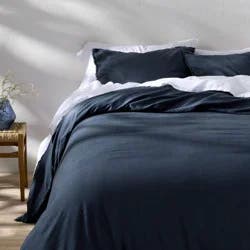 King Heavyweight Linen Blend Duvet Cover and Sham Set Dark Mineral Blue - Casaluna™