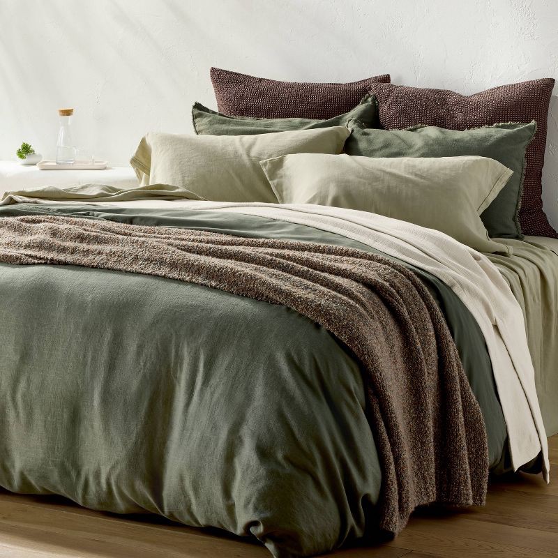 slide 2 of 6, King Heavyweight Linen Blend Duvet Cover and Sham Set Olive Green - Casaluna™, 1 ct