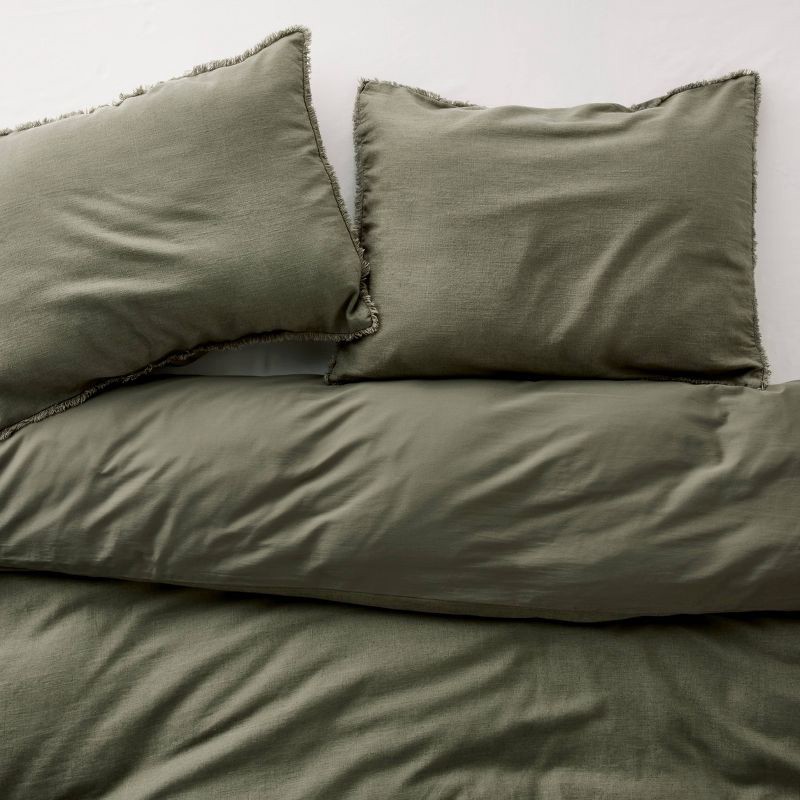 slide 3 of 6, King Heavyweight Linen Blend Duvet Cover and Sham Set Olive Green - Casaluna™, 1 ct