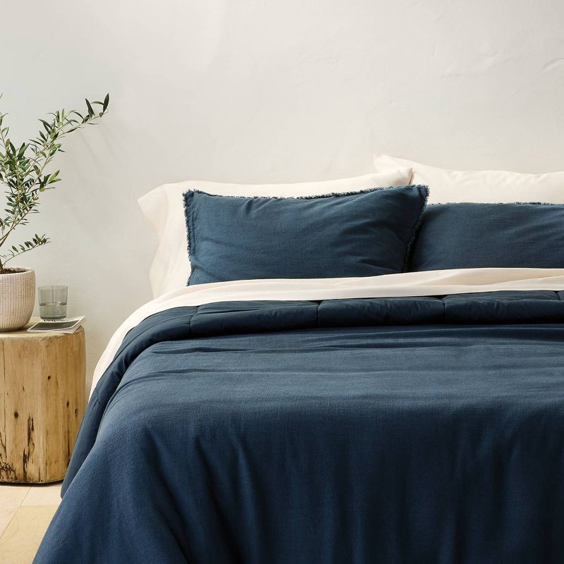 slide 1 of 6, King Heavyweight Linen Blend Comforter and Sham Set Dark Mineral Blue - Casaluna™, 1 ct