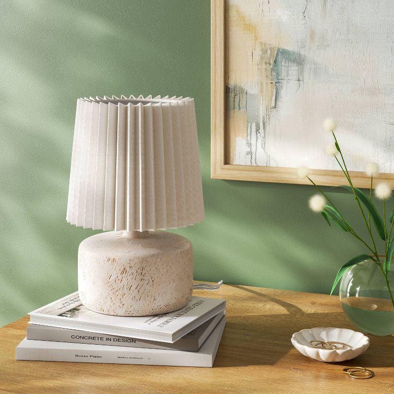 slide 3 of 4, Mini Faux Wood Accent Table Lamp with Pleated Shade Light - Room Essentials™, 1 ct