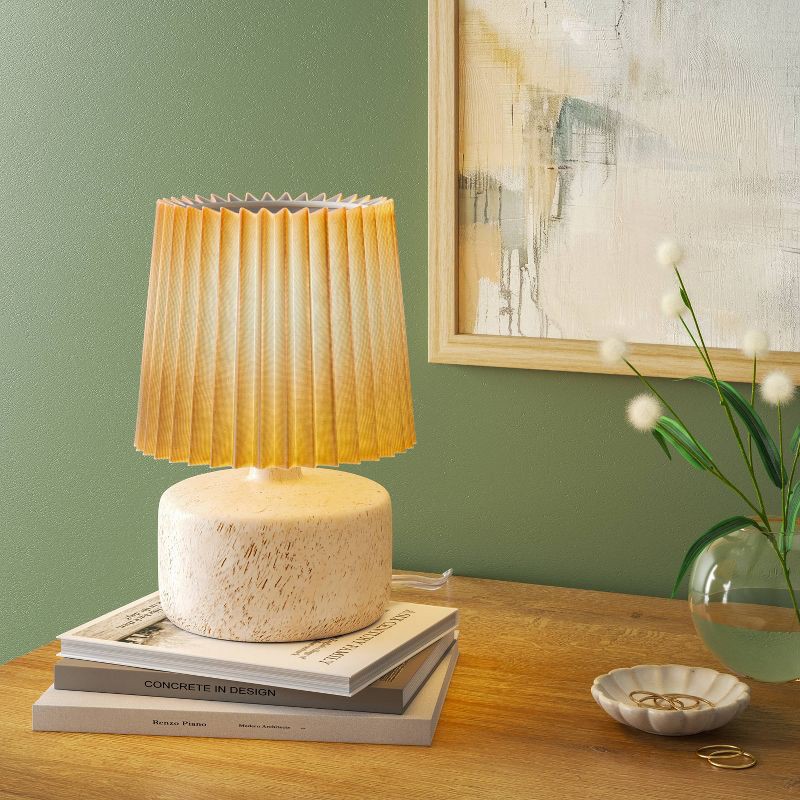 slide 1 of 4, Mini Faux Wood Accent Table Lamp with Pleated Shade Light - Room Essentials™, 1 ct
