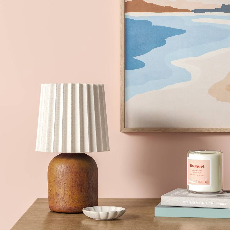slide 3 of 4, Mini Faux Wood Accent Table Lamp with Pleated Shade Dark - Room Essentials™, 1 ct