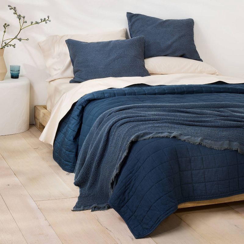 slide 2 of 3, King Textured Waffle Pillow Sham Dark Mineral Blue - Casaluna™, 1 ct