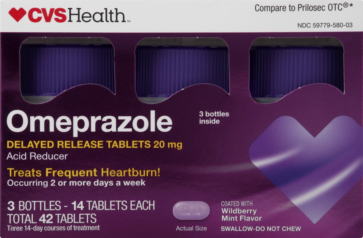 slide 4 of 11, CVS Health Omeprazole Delayed Release Acid Reducer Tablets, 20 Ct, 3 ct