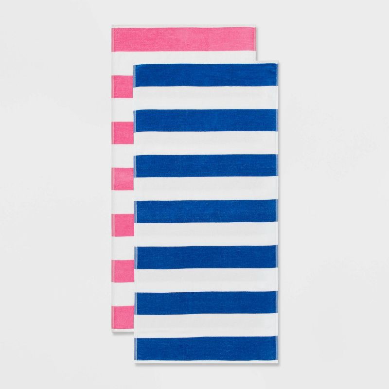 slide 1 of 5, 2pk Striped Beach Towel Bundle Blue/Pink - Sun Squad™, 2 ct