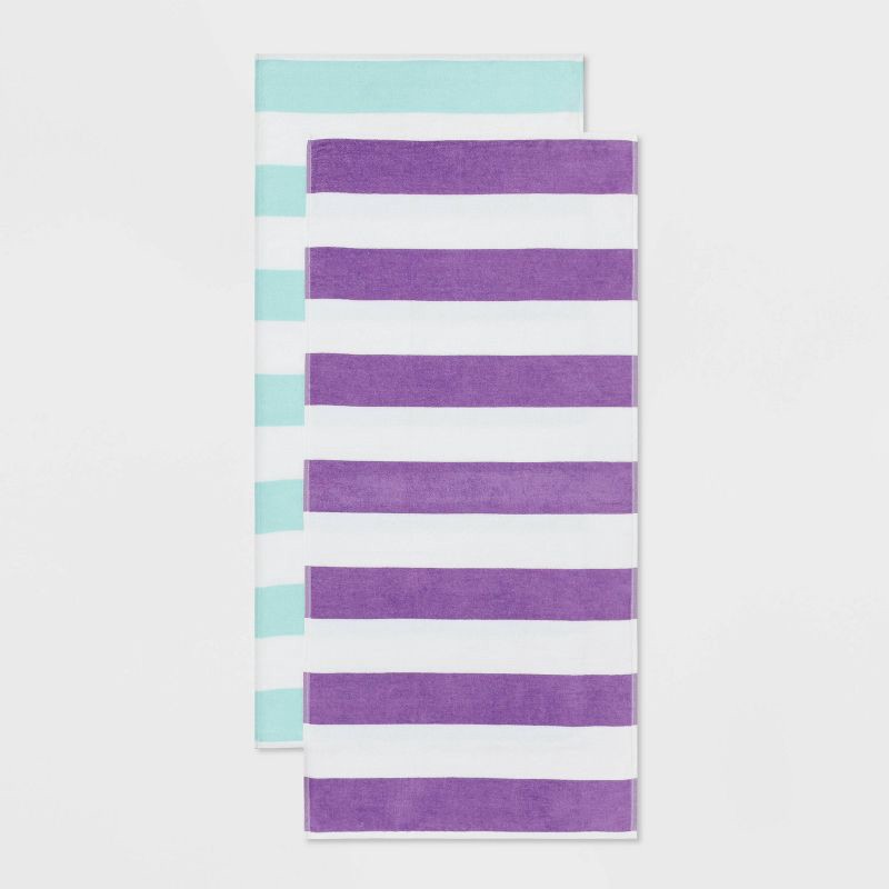 slide 1 of 5, 2pk Striped Beach Towel Bundle Teal/Purple - Sun Squad™, 2 ct